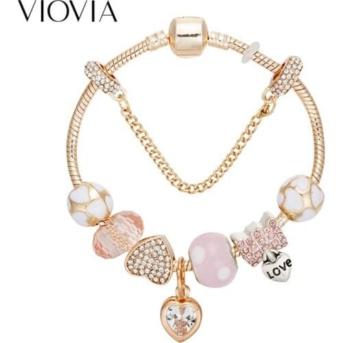 VIOVIA New Fashion Pink Beads Charms Bracelet & Bangles Rhinestone Pendant Bracelet for Women Diy Jewelry Fit Wedding B18006