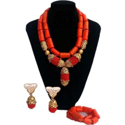 Dudo Jewelry African beads Jewelry Sets Nature Orange Coral Jewelry Set Nigerian Wedding Bridal Jewellery Set 2018 Free Shipping