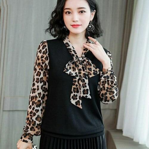 Womens Spring Autumn Style Blouse Shirt Womens Leopard Bow Patchwork Long Sleeve Elegant Printed Korean Tops DD8372