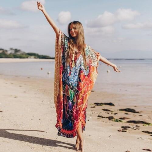 Lace Up V Neck Line Kaftan Sunset On The Beach Orange Colorful MaxiDress Feminine Grace BOHO Robe Baroque Print Abaya Loungewear