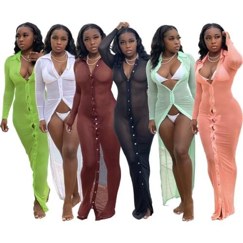 Sexy Mesh Long Shirt Dress Women Long Sleeve Sunscreen Dresses See Through Beach Wear Cover Ups Casual Solid Autumn Clothes 2021