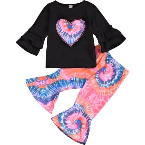 2021 Spring Baby Girl Clothes Flare Sleeve T-shirt Printed Pant 2pcs Set Fashion Children Outfit Kids Clothes Girls
