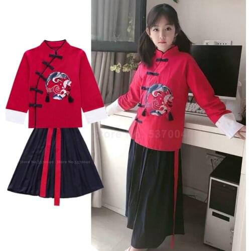 Kids Hanfu Chinese Style Traditional Crane Embroidery Tang Suit Children Oriental Clothing Set Girls Party Dress Boys Tops Pants