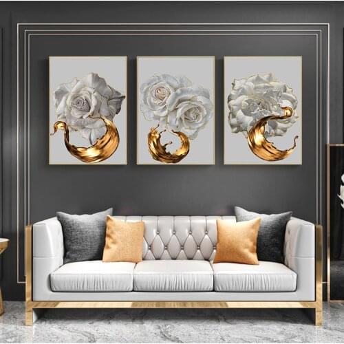Golden White Flower Picture Modern Abstract Canvas Painting Wall Art Posters and Prints Nordic Living Room Decoration Home Decor