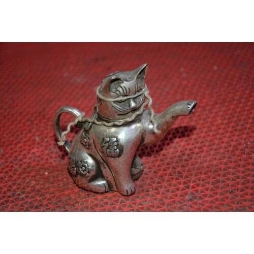 Collectable Ming Dynasty (xuan de1426-1438)Silver cat teapot,Free Shipping