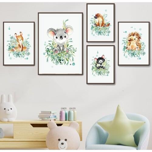 Rabbit Bear Duck Cat Leaves Plant Wall Art Canvas Painting Nordic Posters And Prints Wall Pictures For Girl Boy Kids Room Decor