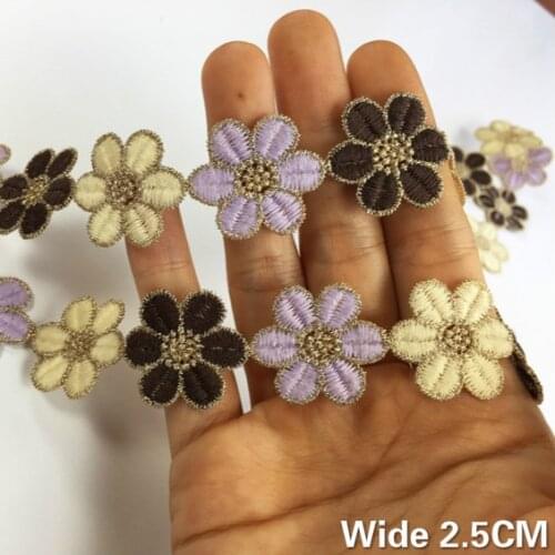 2.5CM Wide Glitter Tricolor Flowers Lace Collar Trim Guipure Embroidered Ribbon Handmade DIY Apparel Hats Cloth Sewing Supplies