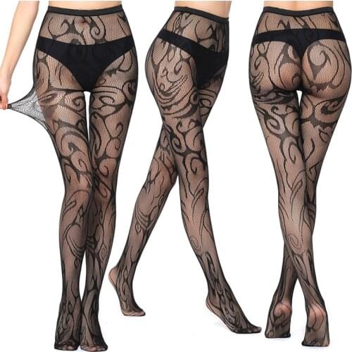 Summer Womens Retro Black Totem Design Hollow-Out Tights Fashion Sexy Fishingnets Fine-Mesh Hottie Lolita Nylon Pantyhose