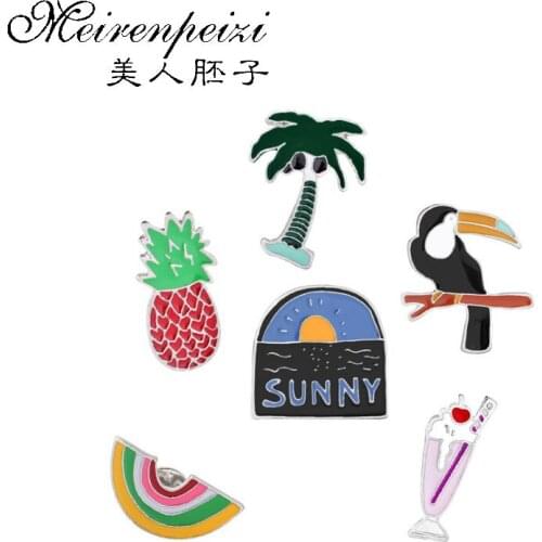 Meirenpeizi Cartoon Bird Coconut Ice Cream Pineapple Rainbow Sea Sunrise Enamel Brooch Button Pin Denim clothes Pin Badge