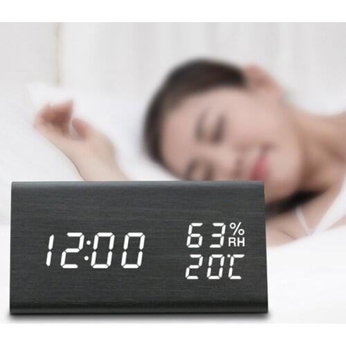 Multicolor Sound Control Wooden Wood Square LED Alarm Clock Desktop Table Digital Thermometer Wood Date Display Home Decoration