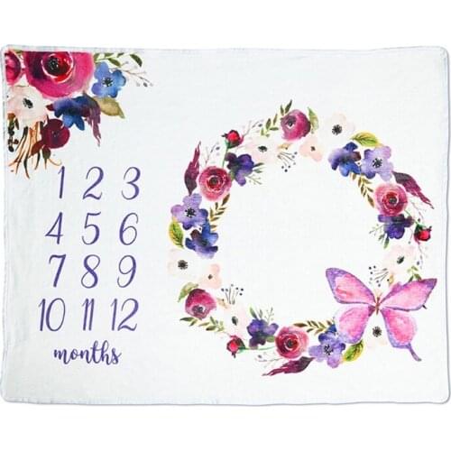Baby Monthly Record Growth Milestone Blanket Newborn Soft Flannel Floral Wreath Swaddle Wrap Photography Props Creative 69HE