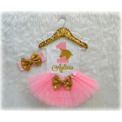 Custom name unicorn Baby girl first birthday party Newborn infant bodysuit bloomer romper Outfit Sets baby shower party favors