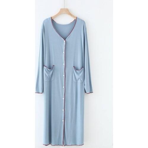 Casual Loose V Neck Sleepwear Female Night Dress Modal Cardigan Nightwear Long Sleeve Spring Autumn Women Nightgowns Pocket