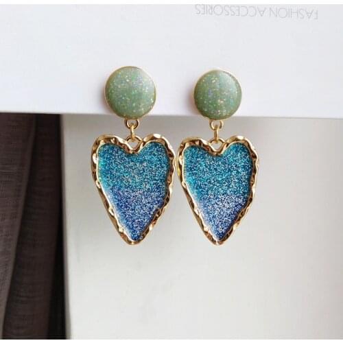 S925 needle Fashion Jewelry Earrings Blue Tone Bling Bling Glitter Enamel Heart Dangle Drop Earrings For Women Jewelry Girl Gift