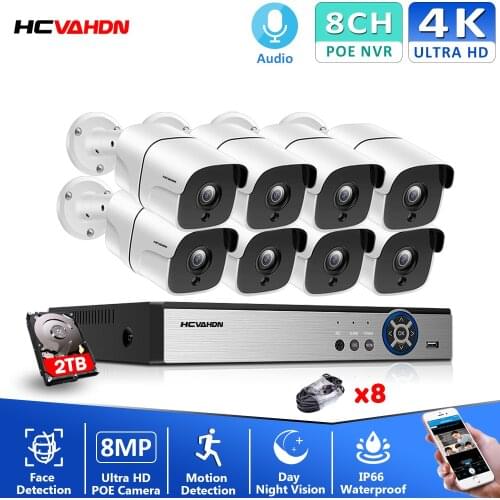 8Ch 4K Ultra Hd Cctv Camera Security System 8MP Video Surveillance Kit H.265 Outdoor Audio Record Poe IP Camera NVR Set