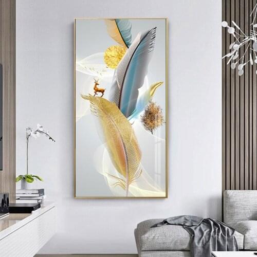 Nordic Abstract Colorful Feather Golden Yellow Deer Posters Canvas Painting Wall Art for Living Room Home Corridor Decor Cuadros