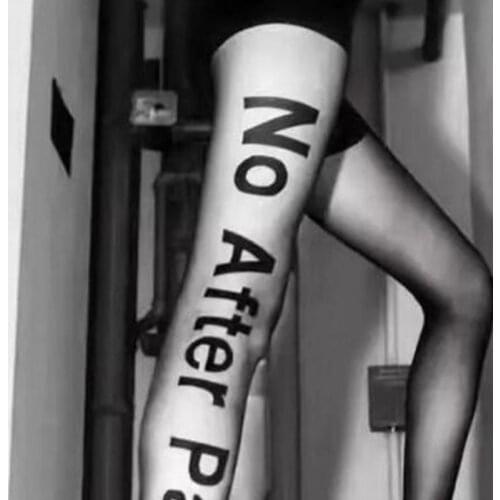 C6UD Womens Punk Sexy Letters Tattoo Tights Fun No After Party Sheer Black Pantyhose