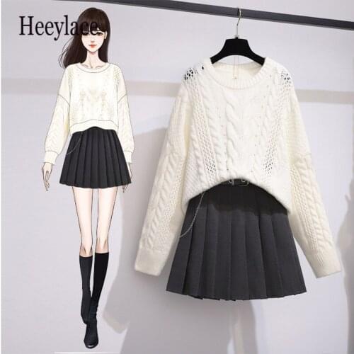 Women Autumn 2 piece set knitted tops and Pleated Shorts skirts set korean student casual two piece outfits fall winter clothing