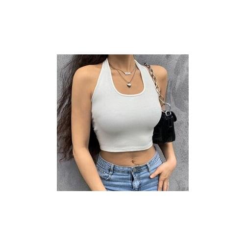 Womens sexy sleeveless U-neck camisole solid color mesh see-through halter vest big breasted tight crop top /F