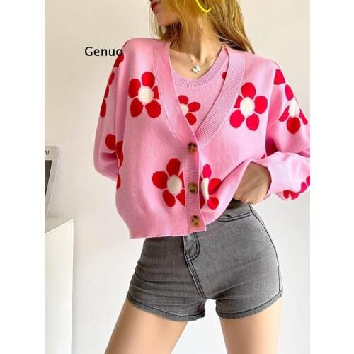 Autumn Women Sweet Style Cotton Coat Long Sleeve V-Neck Jacquard Stretch Pink Knitting Jacket Short Cardigan Flowers Sweater New