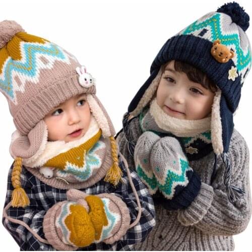 Winter Children Warm Thick Girls Hat Scarf Glove 3pcs Set Knitted Baby Kids Boy Beanies Caps Neck Warmers Gloves For Boys Girls