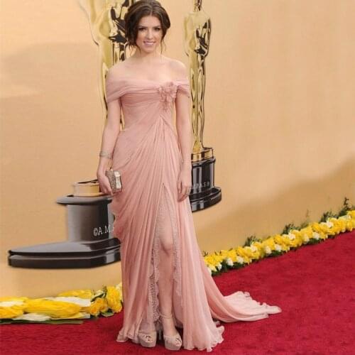 Famous Celebrity Dresses A-line Off The Shoulder Chiffon Lace Slit Sexy Long Formal Red Carpet Dresses