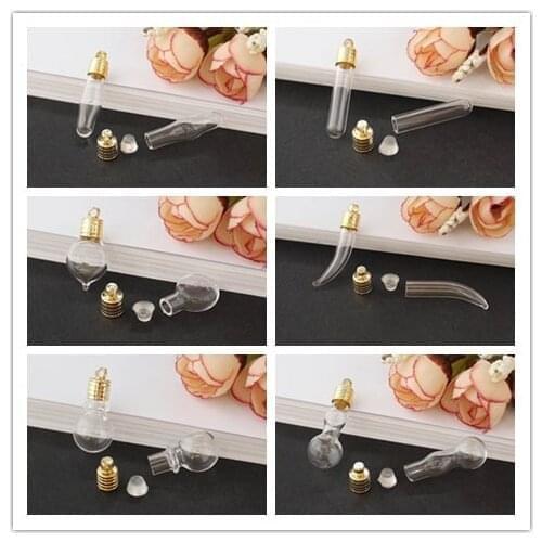 1pc 6MM Gold glue cap glass Vial Pendant locket charms mini wishing glass bottles with Tassel cap name on rice art jewelry