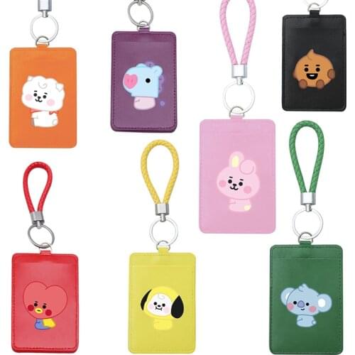2021Cute Fashion Women PU Leather Card Holders Business Card Case Portable Cartoon Badge ID Card Holder Cards Pass Cover Lanyard