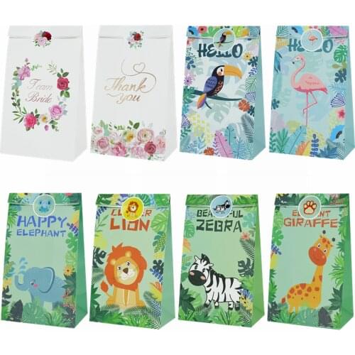 12pcs Stand Up Paper Bag Animals Flowers Candy Bag with Sticker Wedding Birthday Party Treat Gift Package Decoration Baby Shower