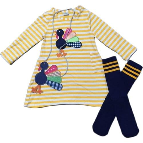 Girlymax Thanksgiving Baby Girls Boutique Kids Clothing Turkey Dress Milk Silk Cotton Stripe Long Sleeve Match Socks &Purse