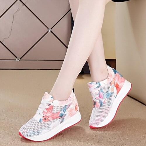 Women Casual Shoes Autumn Spring Lace-up Flower Mixed Colors Increasing Internal Height White Sneakers Casual Shoes For Women