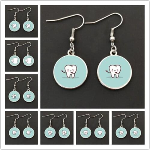 Cute Tooth Dental Floss Dangle Earring Lovely Cartoon Dental Teeth Care Glass Cabochon Drop Earring Gift for Girls and Dentists