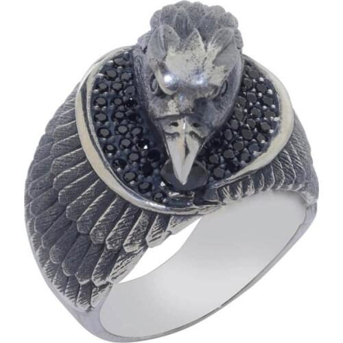 3D Eagle Headed 925 Sterling Silver Mens Ring with Mini Black Stones Animal Bird Ring Silver Exclusive Ring for Men