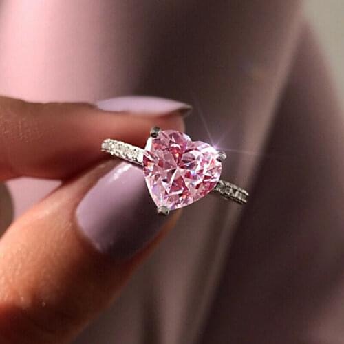 Fashion Crystal Heart Wedding Ring for Womens Zircon Engagement Rings Pink Silver Glamour Jewelry Gift 2021 New