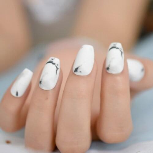 White Marble Black Matte Press on Ballerina Coffin Fake Nail Marble Texture False Nails Daily Finger Wear with Glue Sticker