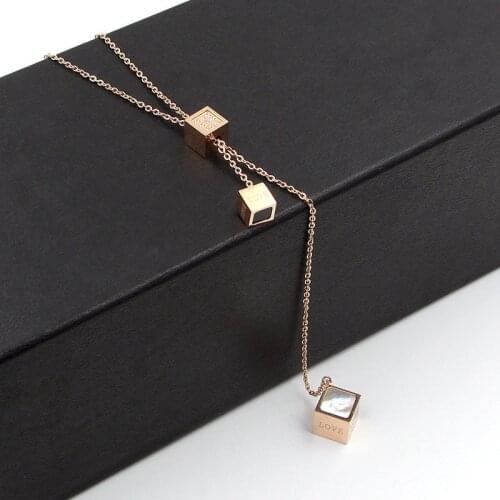 Stainless Steel Crystal Love Shell Square Chain Pendant Necklace Sweater Chain Rose Gold Color Women Party Gift