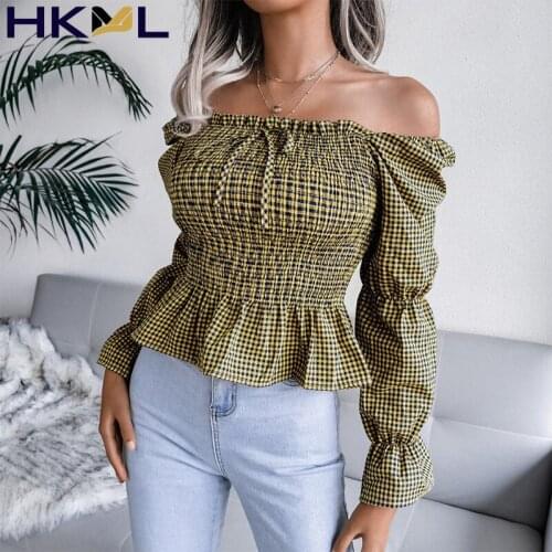 Autumn Off Shoulder Plaid Blouse Women Slim Elastic Backless Long Lantern Sleeve Tops 2021 New Female Red Ruffles Winter Blouse