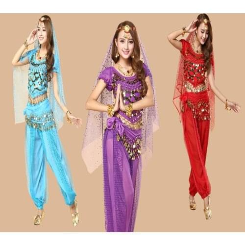 Popular indian Belly Dance Costume Wears for Women Professional Stage Dancing Set dress training Suit Tops+Pants+Hip Scarf