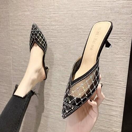 XIXIYIPIN 2021 Summer Mesh Breathable Sexy Fashion Luxury Brand Designer Shoes Women Slippers Office Thin Heels Mules Sandals