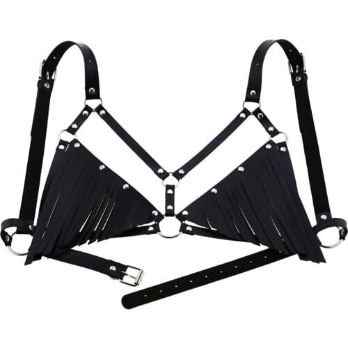 Sexy Leather Womens Harness Bra Punk Erotic Body Belt Woman Stockings OBI Bdsm Bondage Tassel Goth Accessories Black Harajuku