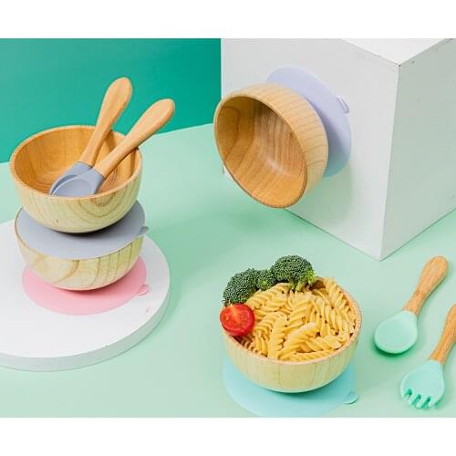 Baby Dinner Plate Baby Feeding Bowl Childrens Dishes Wooden Kids Feeding Dinnerware With Silicone Suction Cup Custom name