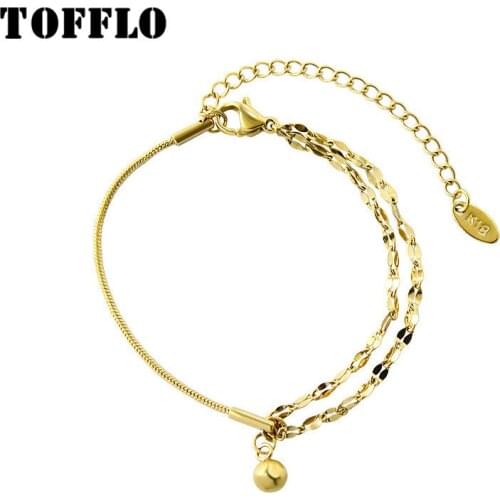 TOFFLO Stainless Steel Jewelry Lip Chain Double Layer Small Steel Ball Bracelet Womens Fashion Gold Bead Pendant Bracele E152