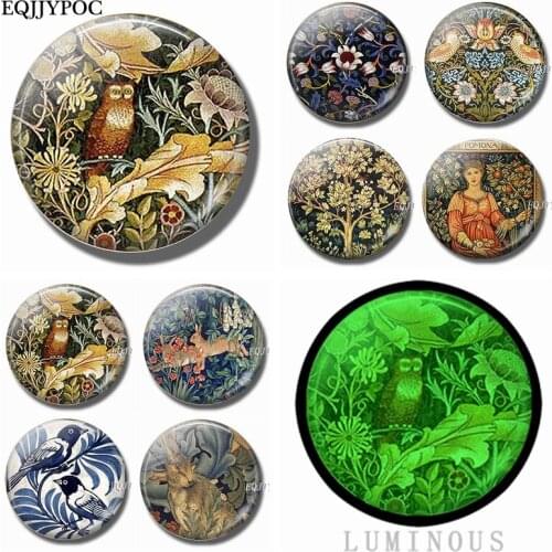 William Morris Art Animals Rabbit Bird Flower Tiger 30 MM Fridge Magnets Glass Luminous Refrigerator Magnet Glowing At Night