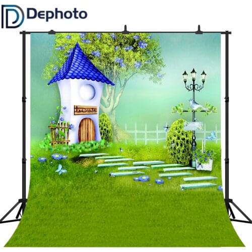 DePhoto Vinyl Fairytale House Photo Backdrop Trees Flowers Bird Grassland Kids Children Scenery Photography Backgrounds