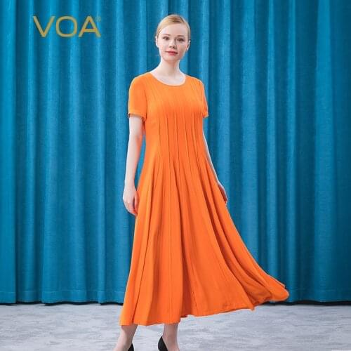 VOA Silk Weighs 30m/m and Orange Three-dimensional Strip-shaped Pair of Silk with Loose Waist and Tuck Ladies' Long Skirt AE710