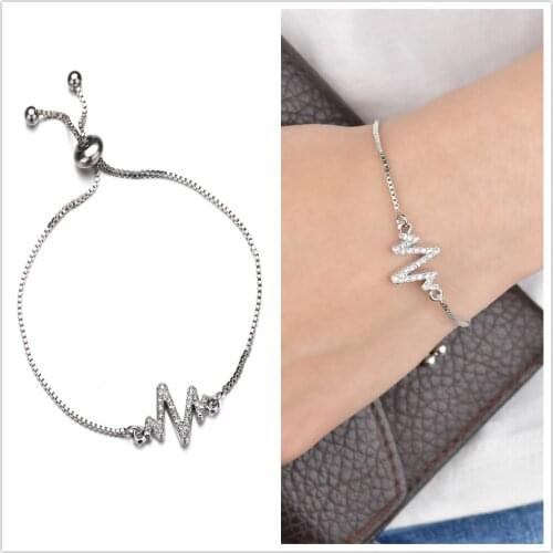 Funny Simple Rhinestone Inlaid Metal Lightning Cardiogram ECG Bracelet Bangle Wrist Jewelry Bracelets for Women Girls Men Gift