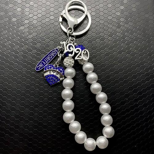 ZETA PHI BETA sorority society rhinestone heart-shaped metal pendant white bead chain key ring