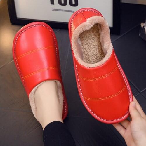 Women Winter Genuine Leather Indoor Slippers Warm Plush Loafers Shoes Ladies Home Flats House Shoes Men Black Fur Boots