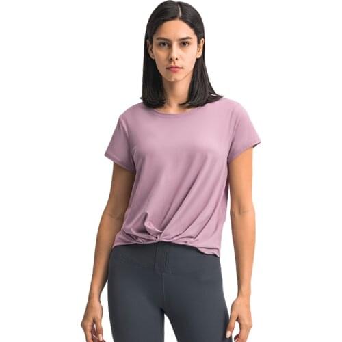 2021 Womens Summer Crop Top Twist Knotted Blouses Short Sleeve Round Neck Ruffle Solid Loose Soft Sports Fitness T-shirts