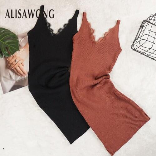 Summer 2020 Fashion New Women Lace V Neck Patchwork Knitted Spaghetti Strap Dress Ladies Slim Bottoming Wrap Dresses Vestidos